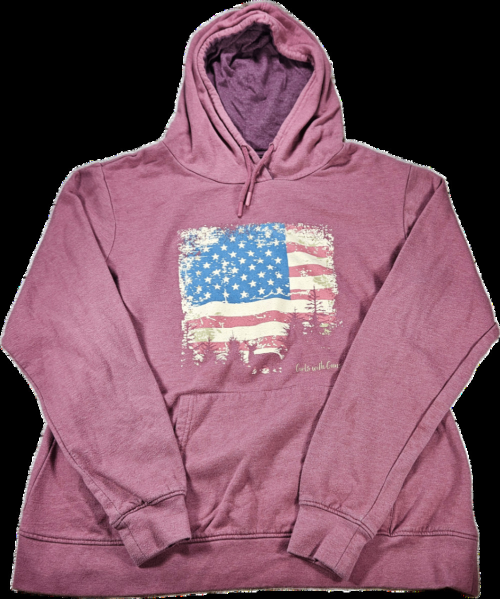 Girls with Guns Hoodie Women's L Maroon Pullover American Flag Deer Fleece
